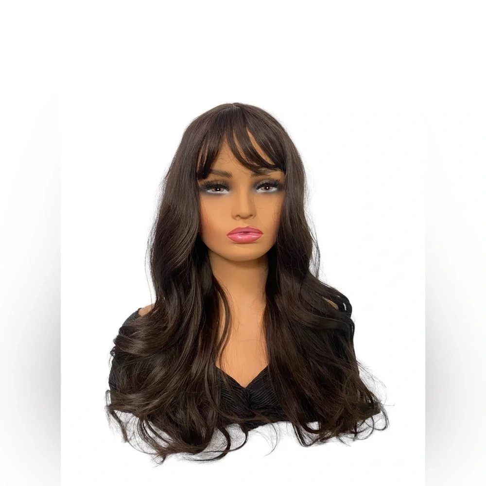 Vegan Wavy Chocolate Brown wig with bangs 25”